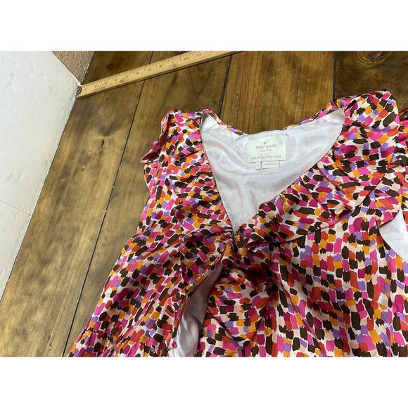 KATE SPADE Aubrey Wrap Dress 6 Pink Brown Abstract Print Silk Sleeveless Ruffles - Picture 5 of 15